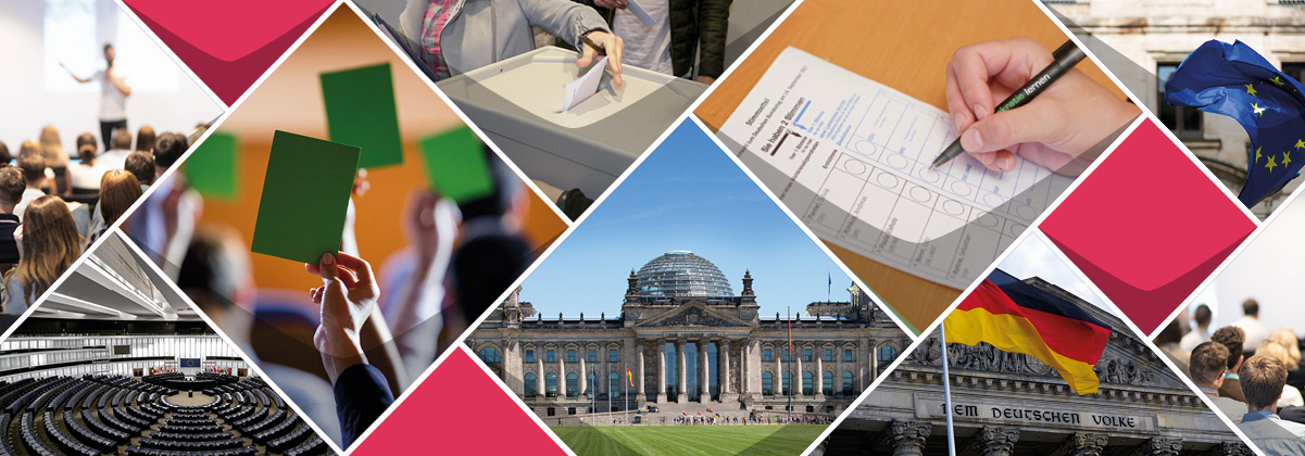 Eine Collage aus Bildern zu Politik: Der deutsche Bundestag, das Saal des EU-Pralamentes, ein Stimmzettel, Publikum bei einer Rede, eine EU-Falgge und Abgabe eines Stimmzettels