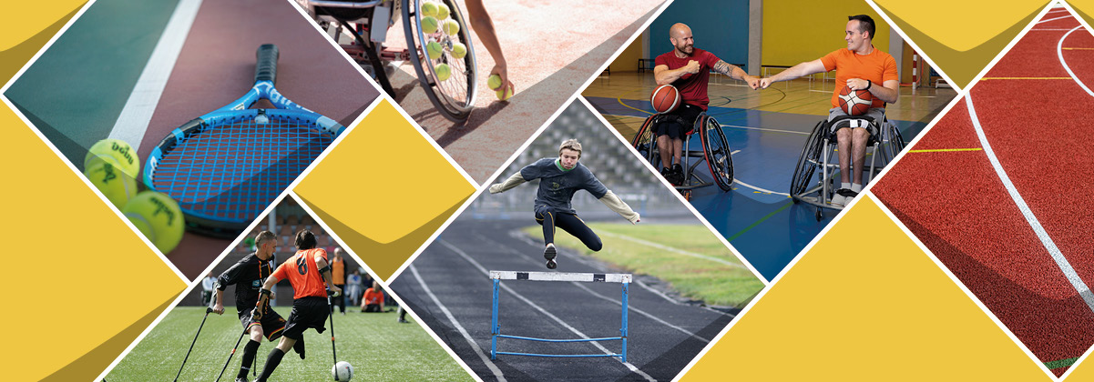 Eine Collage aus Bildern von inklusiven Sport: Sportplatz, Sportgeräte, Rollstuhlbasketball, ein Hürenläufer im Sprung und Fussballspieler mit Krücken.