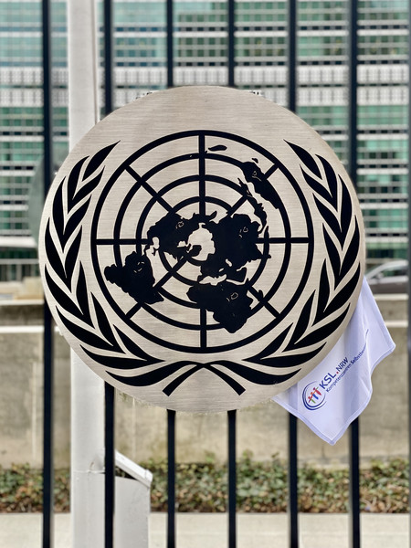 Ein Stück Stoff mit dem KSLNRW-Logo klemmt am UN-Wappen fest.