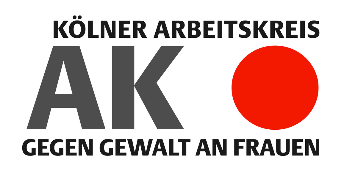 Das Logo des Arbeitskreis gegen Gewalt an Frauen besteht aus einem roten Punkt auf weißem Hintergrund. Eingefügt ist noch der Titel des Logos, also Kölner Arbeitskreis gegen Gewalt an Frauen