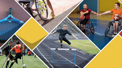 Eine Collage aus Bildern von inklusiven Sport: Sportplatz, Sportgeräte, Rollstuhlbasketball, ein Hürenläufer im Sprung und Fussballspieler mit Krücken.