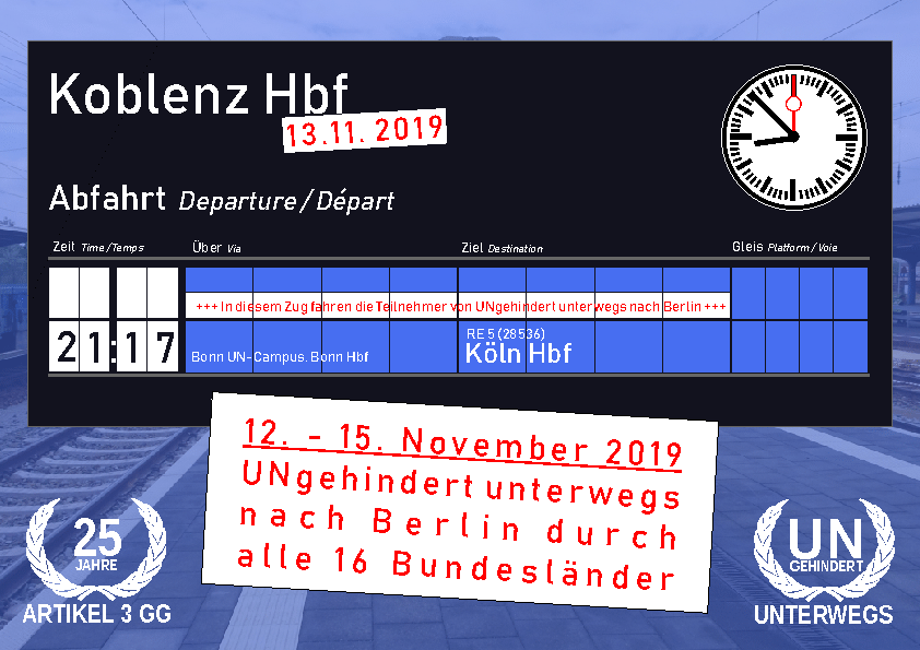Ankunftszeit der Bahnreise-Aktivisten in Köln.