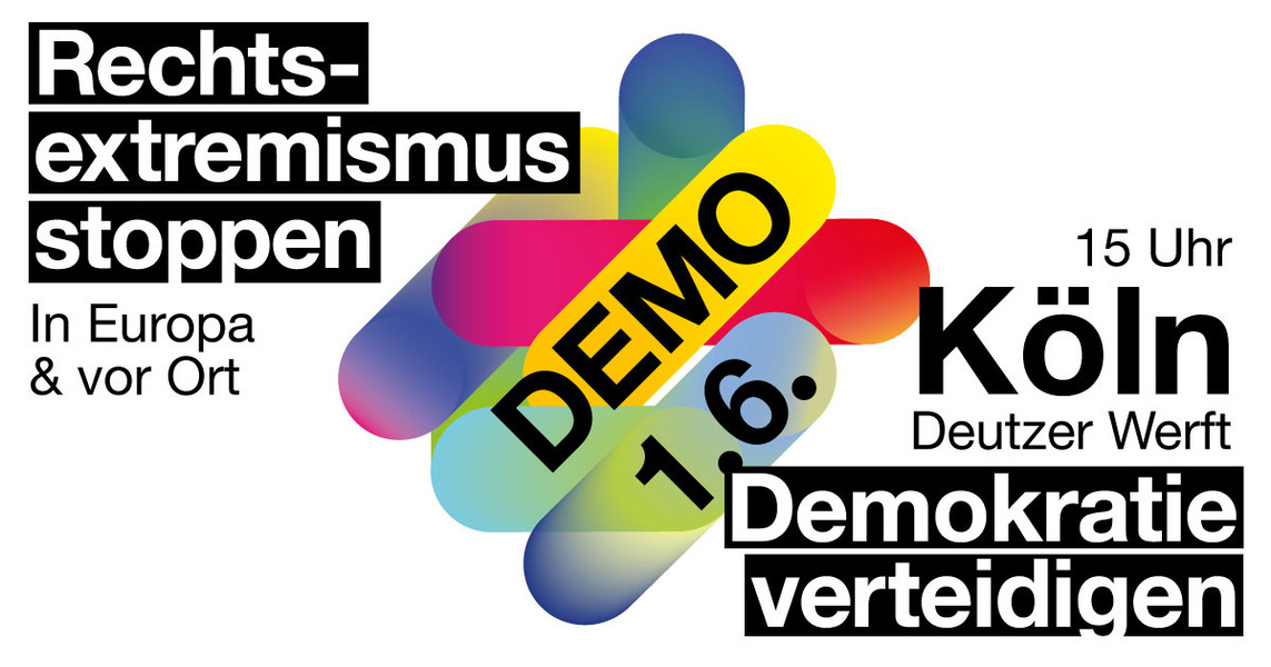 Demo-Aufruf zum 1.6.2024 in Köln, viel Text und mittig ein Bildnis aus bunten Linien