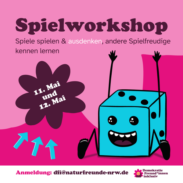 Ein Würfel mit Gesicht, Armen und Beinen freut sich auf den Spiele-Workshop.