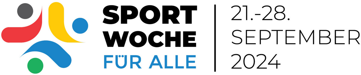 buntes Symbol mit Betitelung rechts daneben: Sportwoche für alle, 21.-28.09.2024