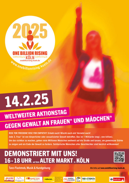 Plakat in orange-roten Farben mit Infos zu One Billion RIsing 2025 und einer schemenhaften Frau, die zeigt, dass sie was zu sagen hat