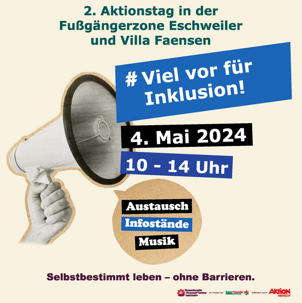 Ein Megaphone auf dem die Worte #Viel vor für Inklusion 4.Mai 2024 und 10-14 Uhr hervorgehen