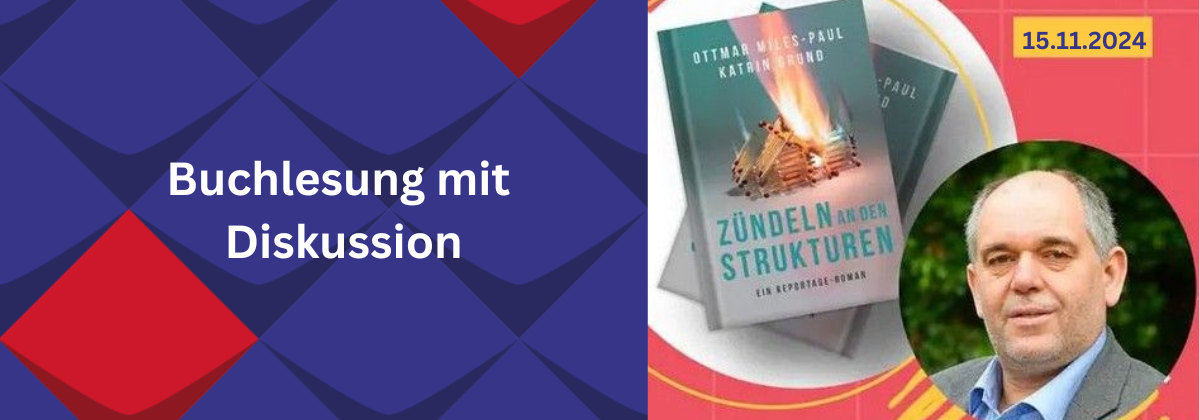 Links steht Buchlesung mit Diskussion. Rechts ist das Bild des Buchs Zündeln an den Strukturen und ein Foto von Ottmar Miles-Paul