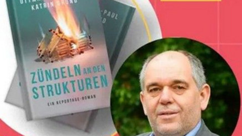 Im Portrait ein Foto von Ottmar Miles-Paul neben einem Bild seines Romans „Zündeln an den Strukturen“