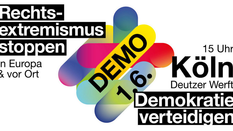 Demo-Aufruf zum 1.6.2024 in Köln, viel Text und mittig ein Bildnis aus bunten Linien