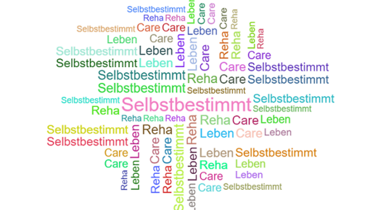 bunte Wortwolke zusammengestellt aus Reha Care und Selbstbestimmt Leben