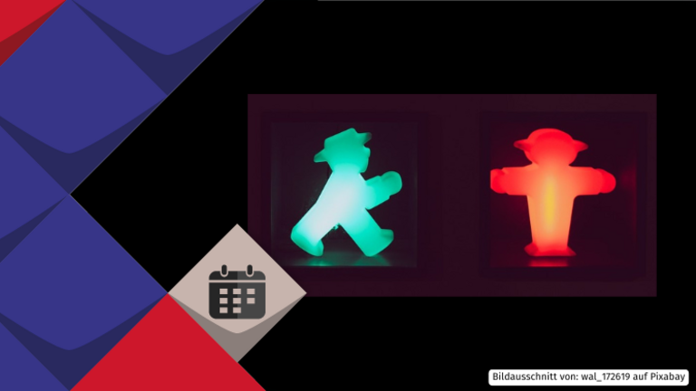 rechts: je ein Ampelmännchen in rot und grün abgebildet auf schwarzem Hintergrund; links: das Kölner Farbmodell mit roten Kacheln