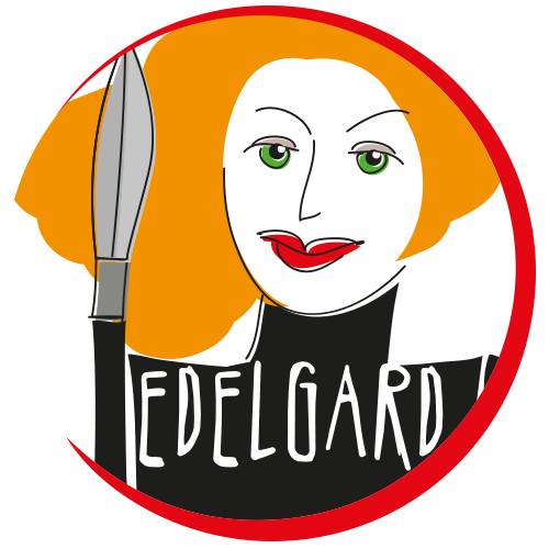 Das Bild zeigt das EDELGARD-Logo: eine starke Frau mit wehendem Haar und Speer.