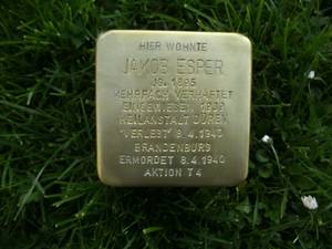 Nahaufnahme des Stolpersteins von Jacob Esper. Er liegt auf einer Wiese.