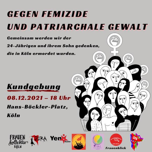Aufruf zur Kundgebung; eine Gruppe Frauen in schwarz/weiß abgebildet zeigen ihre Solidarität