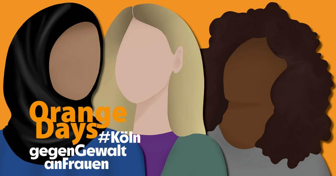 Drei Frauen ohne Gesicht, eine mit dunkler Hautfarbe und dunklen Locken, eine mit heller Hautfarbe und blonden Haaren und eine Frau mit etwas dunklerem Teint  und einem Kopftuch, bilden den Hintergrund des Logos der orange days 2021.