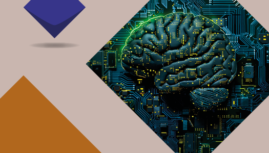 Eine cognac-farbene Kachel und ein Symbolbild für Künstliche Intelligenz. Eine Art Leiterplatte in der man die Form eines Gehirns erkennen kann.