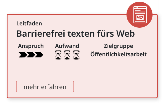 Tool-Vorschau Leitfaden Barrierefrei texten fürs Web für die Zielgruppe Öffentlichkeitsarbeit