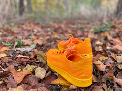 orangener Schuh im Laub