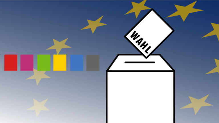 Eine Wahlurne im Vordergrund, daneben kleine farbliche Rechecke in den Farben der Parteien. Im Hintergrund die Europa-Flagge.