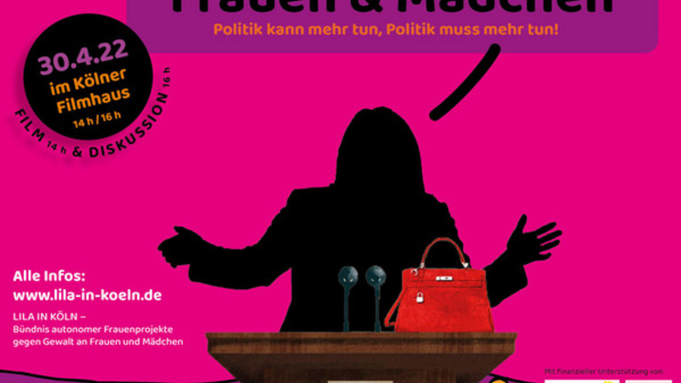 Veranstaltungsflyer: am Rednerpult stehend eine Person als Silhouette mit längeren Haaren und einer Handtasche auf dem Pult stehend 