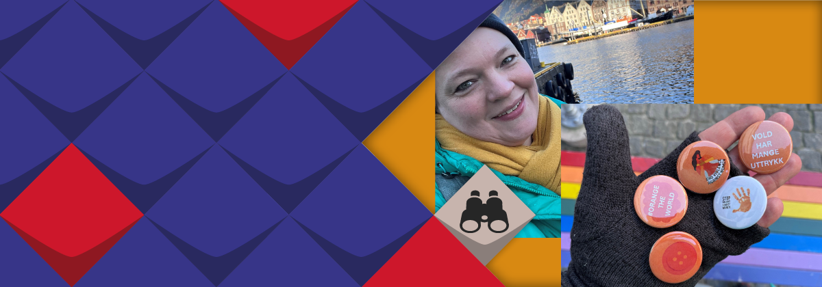 orangener Hintergrund: KSL-Mitarbeiterin auf Entdeckungsreise; in Norwegen Fund von Aktion zum 25.11., Bild zeigt Hand mit verschiedenen Buttons zum 25.11.