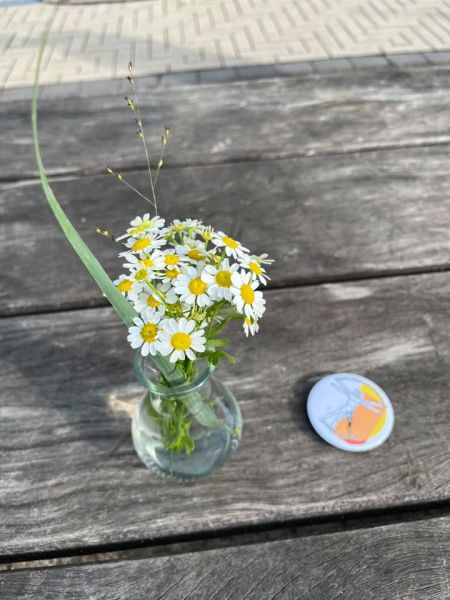Eine kleine Vase mit Margeriten steht auf einem Holzuntergrund. Daneben liegt ein Button von Selbstbestimmt Leben e.V.