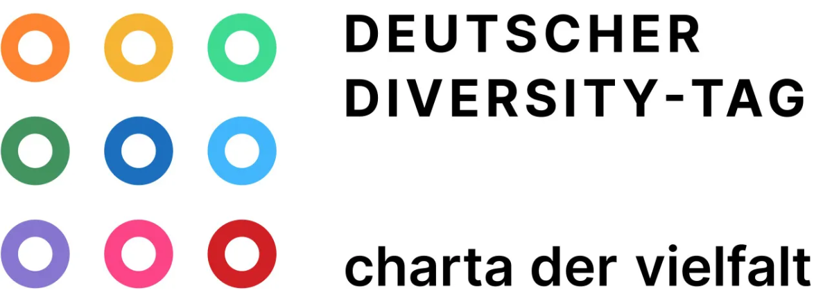 Logo aus zu einem Quadrat angeordneten neun bunten Kreisen und dem Schriftzug: Deutscher Diversity-Tag, Charta der Vielfalt
