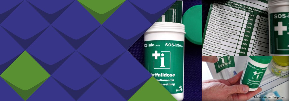 Notfall·dose, Infoblatt und Notfall·dose im Kühlschrank Die Bilder zeigen die Notfalldose, das Infoblatt und die Notfalldose im Kühlschrank