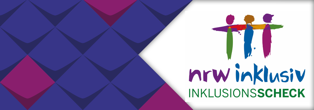 Inklusionsscheck 2025 Drei farbige Figuren, darunter der Schriftzug Inklusionsscheck