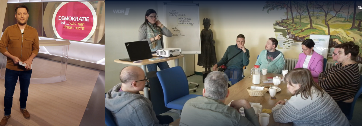 links: Moderator der Lokalzeit Bergisch Land; rechts: Mitglieder des Polit-Cafés in der Färberei Wuppertal