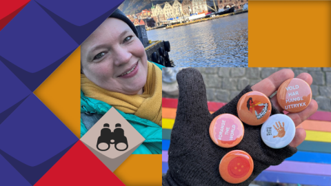 orangener Hintergrund: KSL-Mitarbeiterin auf Entdeckungsreise; in Norwegen Fund von Aktion zum 25.11., Bild zeigt Hand mit verschiedenen Buttons zum 25.11.