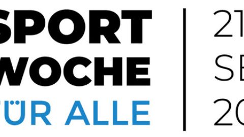 buntes Symbol mit Betitelung rechts daneben: Sportwoche für alle, 21.-28.09.2024