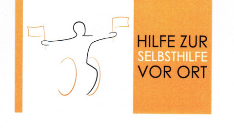 Das Logo der Lotsen und Lotsinnen, Selbsthilfe vor Ort: Eine Person im Rollstuhl macht mit zwei schwenkenden Fahnen auf sich aufmerksam.
