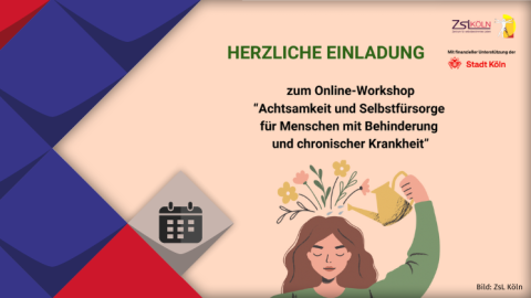links: KSL Kacheln, rechts: Eine Frau hält eine Gießkanne über ihren Kopf und wässert die Blumen und Gräser, die aus ihrem Kopf sprießen. Darüber steht der Text zur Einladung zum Workshop mit dem ZsL-Logo.