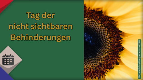 links: KSL Kacheln, rechts: eine nur tlw. sichtbare Sonnenblume und mittig als Text auf grünem Hintergrund: Tag der nicht sichtbaren Behinderungen