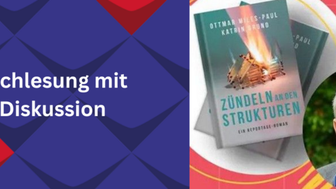 Links steht Buchlesung mit Diskussion. Rechts ist das Bild des Buchs Zündeln an den Strukturen und ein Foto von Ottmar Miles-Paul