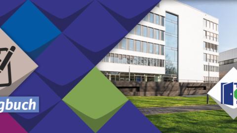 Symbol des KSL-Logbuches vor bunten Kacheln der KSL.NRW und ein Foto von der Hochschule Bochum