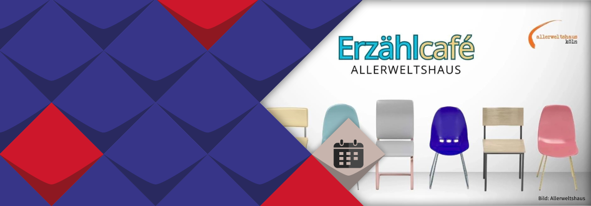 Sechs unterschiedliche Stühle sind nebeneinander abgebildet. Darüber steht: "Erzählcafé Allerweltshaus"