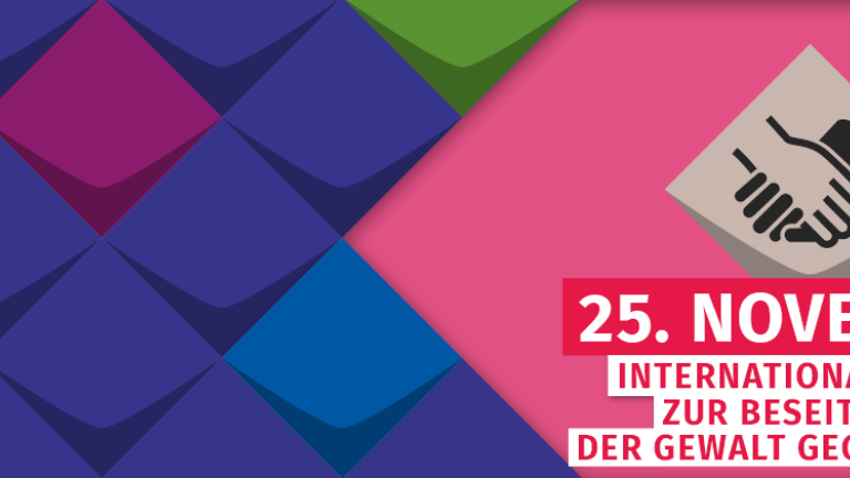 links bunte KSL-Kacheln, rechts auf rosafarbenem Hintergrund: 25. November Schriftzug Internationaler Tag zur Beseitigung der Gewalt gegen Frauen, mittig über der Schrift Bild zweier ineinandergreifender Hände