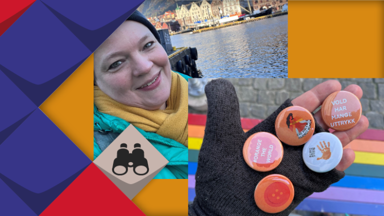 orangener Hintergrund: KSL-Mitarbeiterin auf Entdeckungsreise; in Norwegen Fund von Aktion zum 25.11., Bild zeigt Hand mit verschiedenen Buttons zum 25.11.