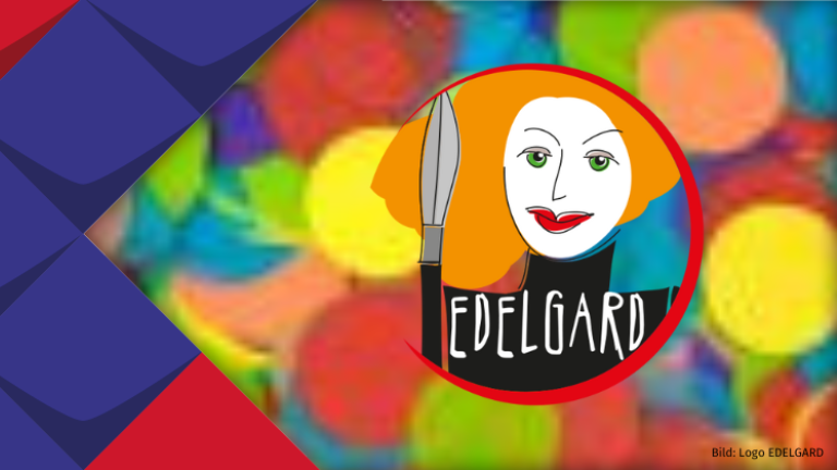 Das Logo von EDELGARD auf buntem Konfetti.