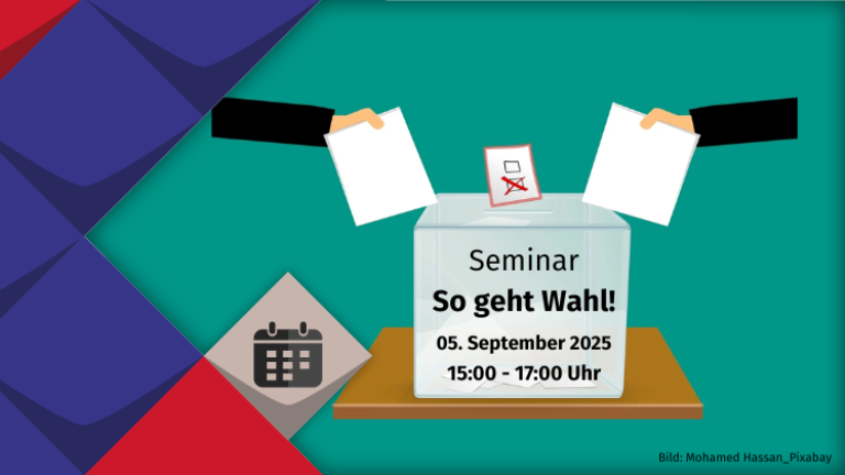 Hände stecken Stimmzettel in eine Wahlurne - Veranstaltungshinweis für Seminar "So geht Wahl!" am 05.09.2025
