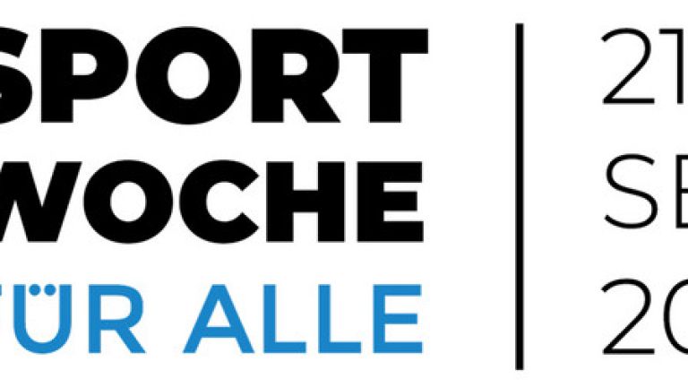 buntes Symbol mit Betitelung rechts daneben: Sportwoche für alle, 21.-28.09.2024