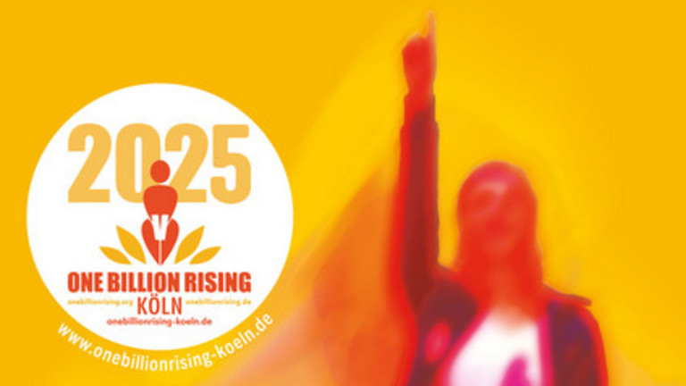 Plakat in orange-roten Farben mit Infos zu One Billion RIsing 2025 und einer schemenhaften Frau, die zeigt, dass sie was zu sagen hat