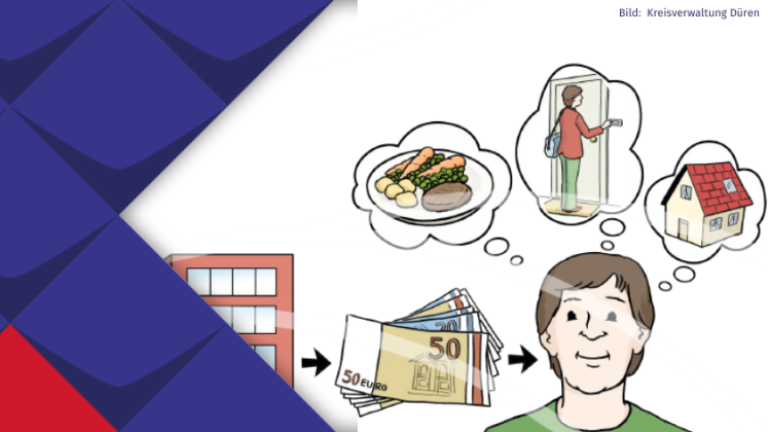 Ein Leichte Sprache-Bild zeigt eine Person, die Geld von einem Amt erhält und über Essen, Unterkunft und Unterstützung nachdenkt
