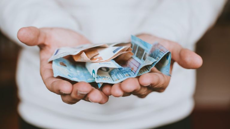 Eine Person präsentiert Geldscheine in der Hand