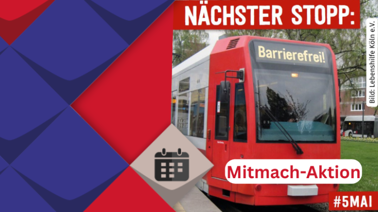 Rote Straßenbahn ist zu sehen. Oberhalb des Bilds steht: nächster Stopp. Unterhalb steht: barrierefrei. Unten steht: Mitmach-Aktion.5. Mai.