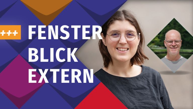 Bunte Kacheln als Stilelemente der KSL.NRW rahmen ein Foto von Mechthild Kreuser und Frank Kaulen ein, links daneben steht Fensterblick Extern und Neu im Blog