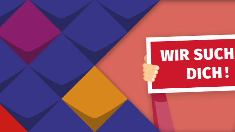 Bunte Kacheln der KSL.NRW und zwei Arme die ein rotes Schild hochhalten mit dem Text "Wir suchen dich"